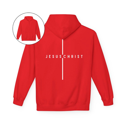 On the back of this custom Christian hoodie is the name Jesus Christ with a line above and below the name making it look like a cross.