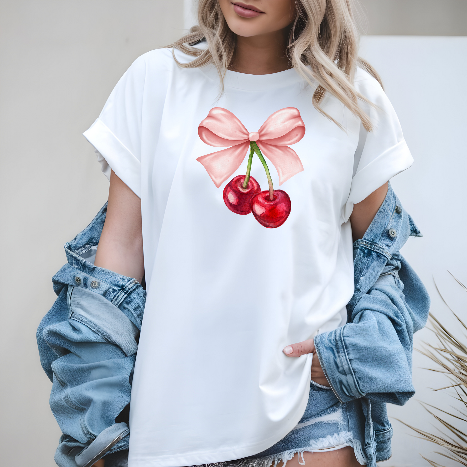 On the front of this custom women's short sleeve shirt is an image of a pair of cherries hanging from a stem with a pink bow on the top of them.