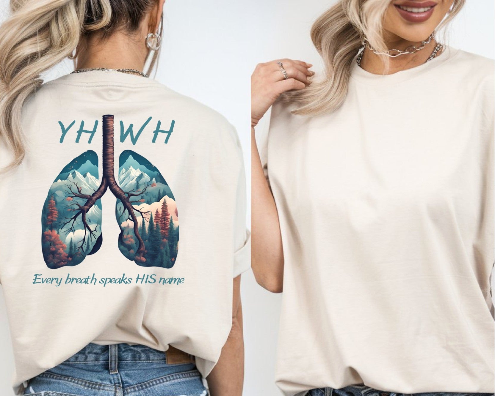 On the back of this handmade custom Christian short sleeve shirt is the word "YHWH" in large blue lettering with an image of a set of lungs with images of mountain scenery in each lung. The words "Every breath speaks His name" are underneath the image of the lungs.