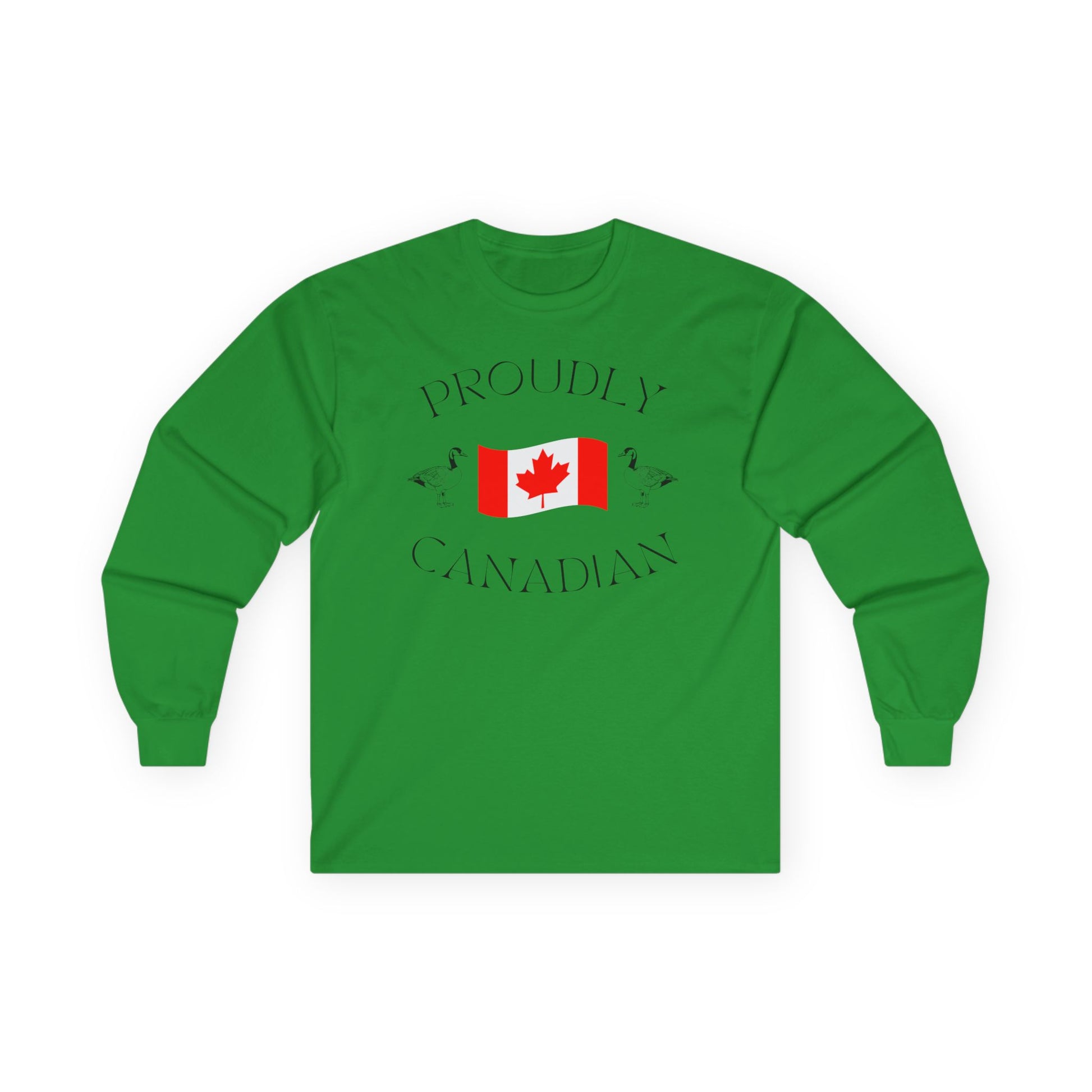 On the front of this Canadian made unisex custom long sleeve t-shirt are the words Proudly Canadian in large font with an image of a Canadian flag in the center, there are two Canadian geese on either side of the flag.
