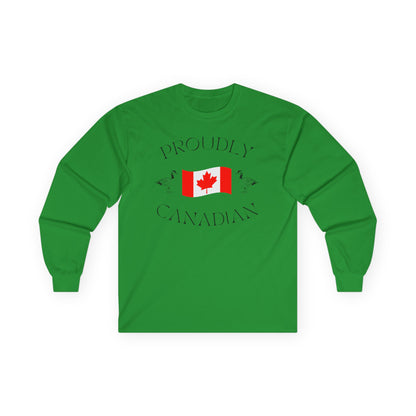 On the front of this Canadian made unisex custom long sleeve t-shirt are the words Proudly Canadian in large font with an image of a Canadian flag in the center, there are two Canadian geese on either side of the flag.