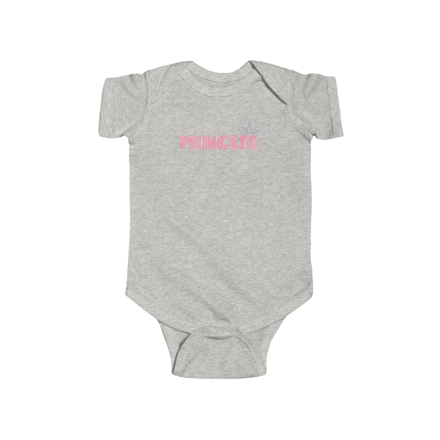 On the front of this custom baby girl onesie is the word princess in a light pink color with a crown over the last two letters of the word.