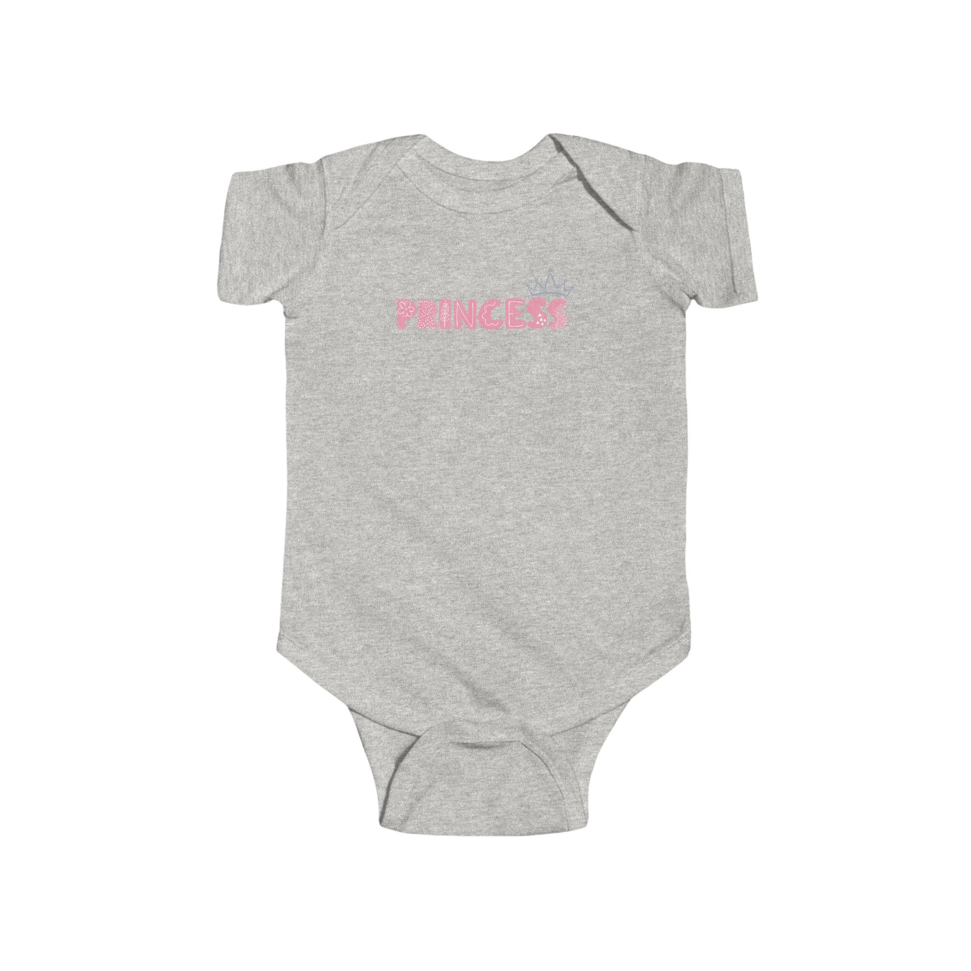 On the front of this custom baby girl onesie is the word princess in a light pink color with a crown over the last two letters of the word.