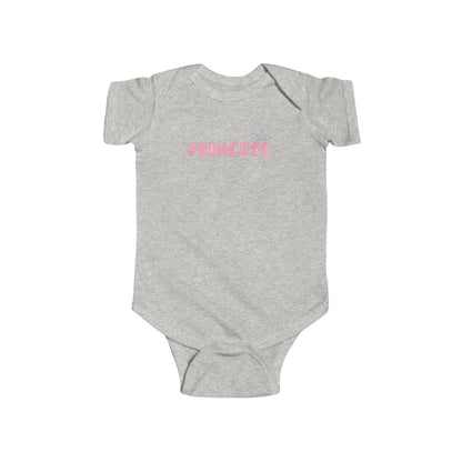 On the front of this custom baby girl onesie is the word princess in a light pink color with a crown over the last two letters of the word.