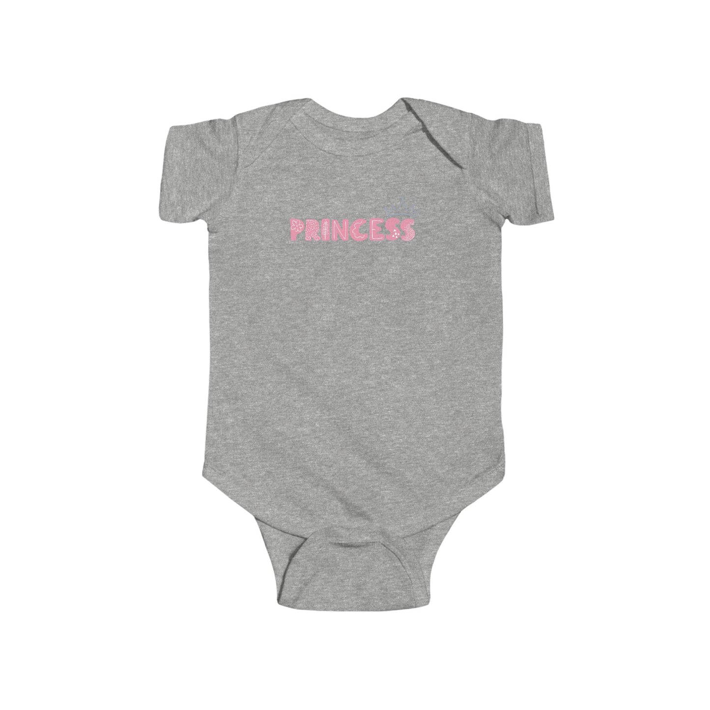 On the front of this custom baby girl onesie is the word princess in a light pink color with a crown over the last two letters of the word.
