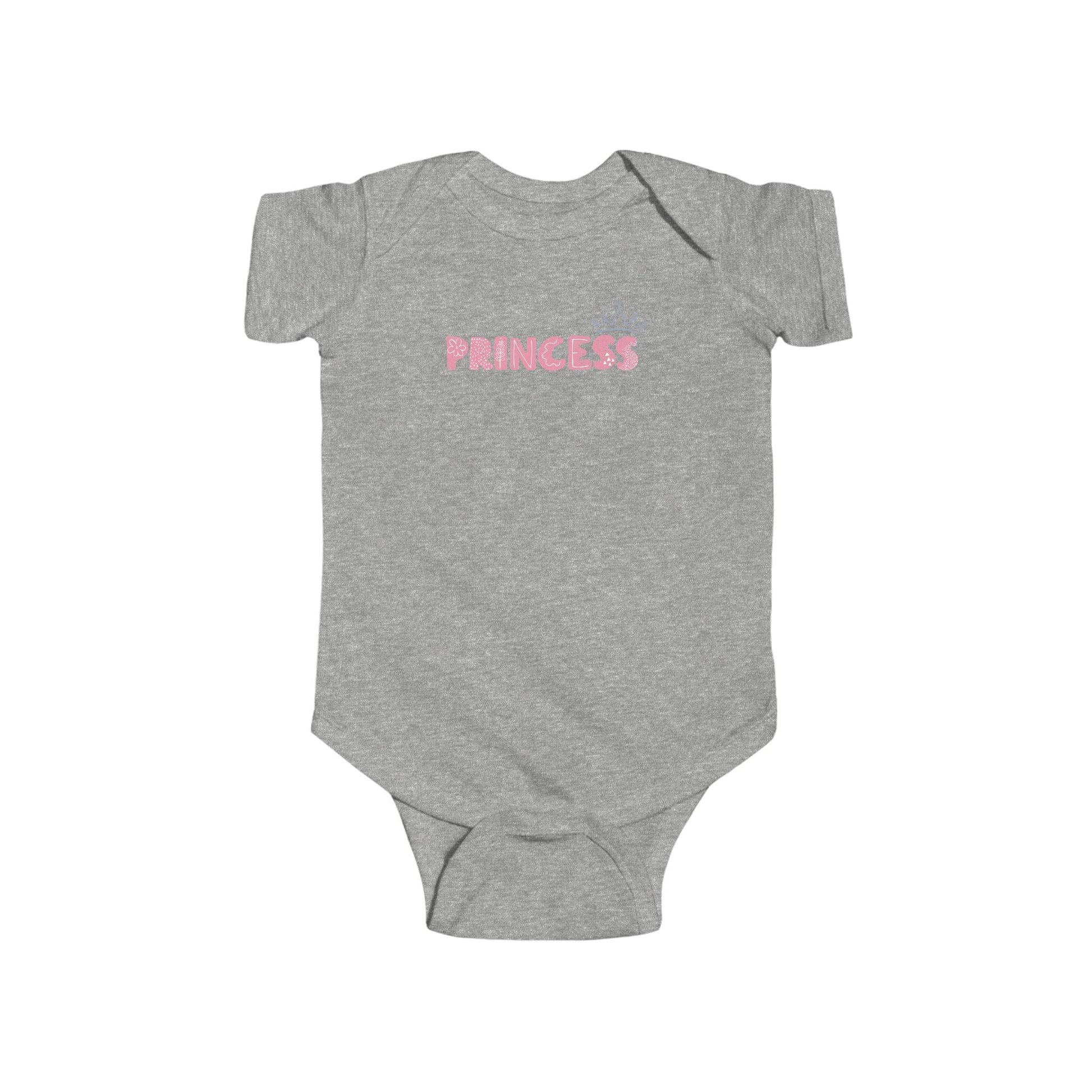 On the front of this custom baby girl onesie is the word princess in a light pink color with a crown over the last two letters of the word.