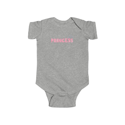 On the front of this custom baby girl onesie is the word princess in a light pink color with a crown over the last two letters of the word.
