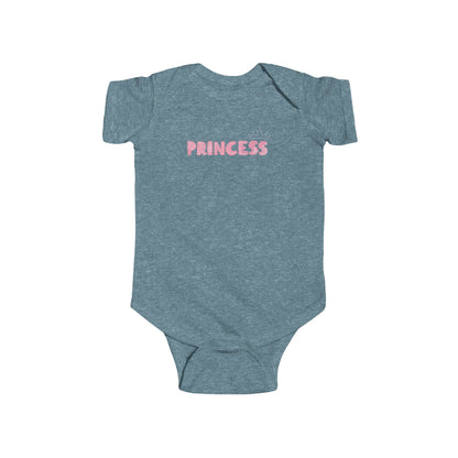 On the front of this custom baby girl onesie is the word princess in a light pink color with a crown over the last two letters of the word.