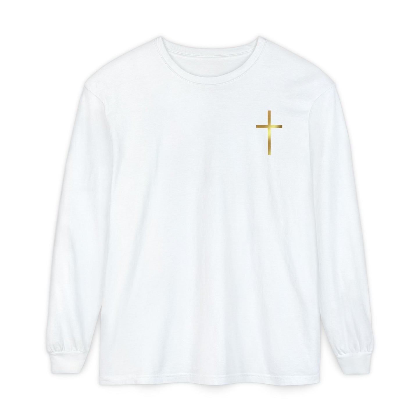 On the front of this custom Christian long sleeve shirt is a gold cross over the top left chest of the shirt.