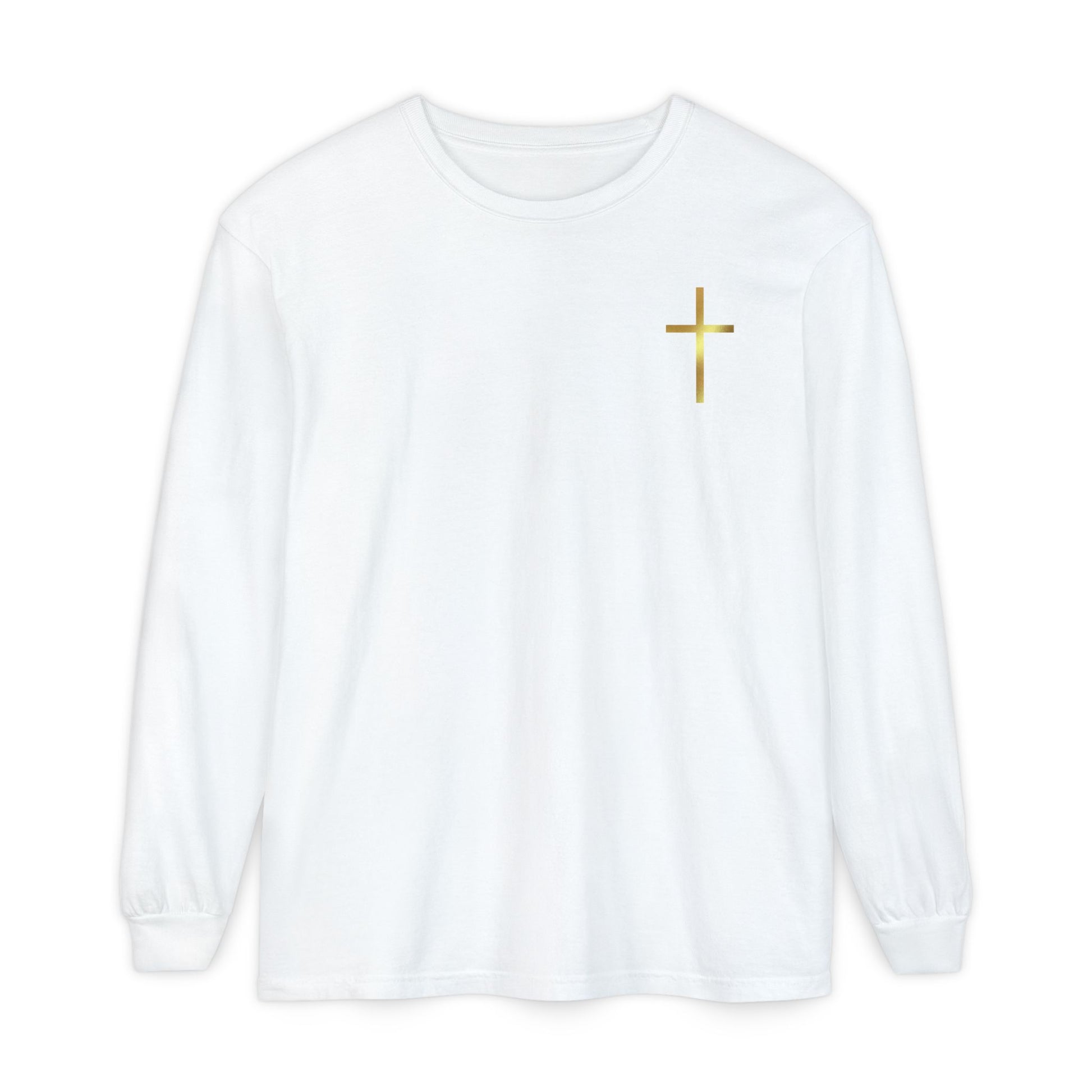On the front of this custom Christian long sleeve shirt is a gold cross over the top left chest of the shirt.