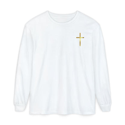 On the front of this custom Christian long sleeve shirt is a gold cross over the top left chest of the shirt.