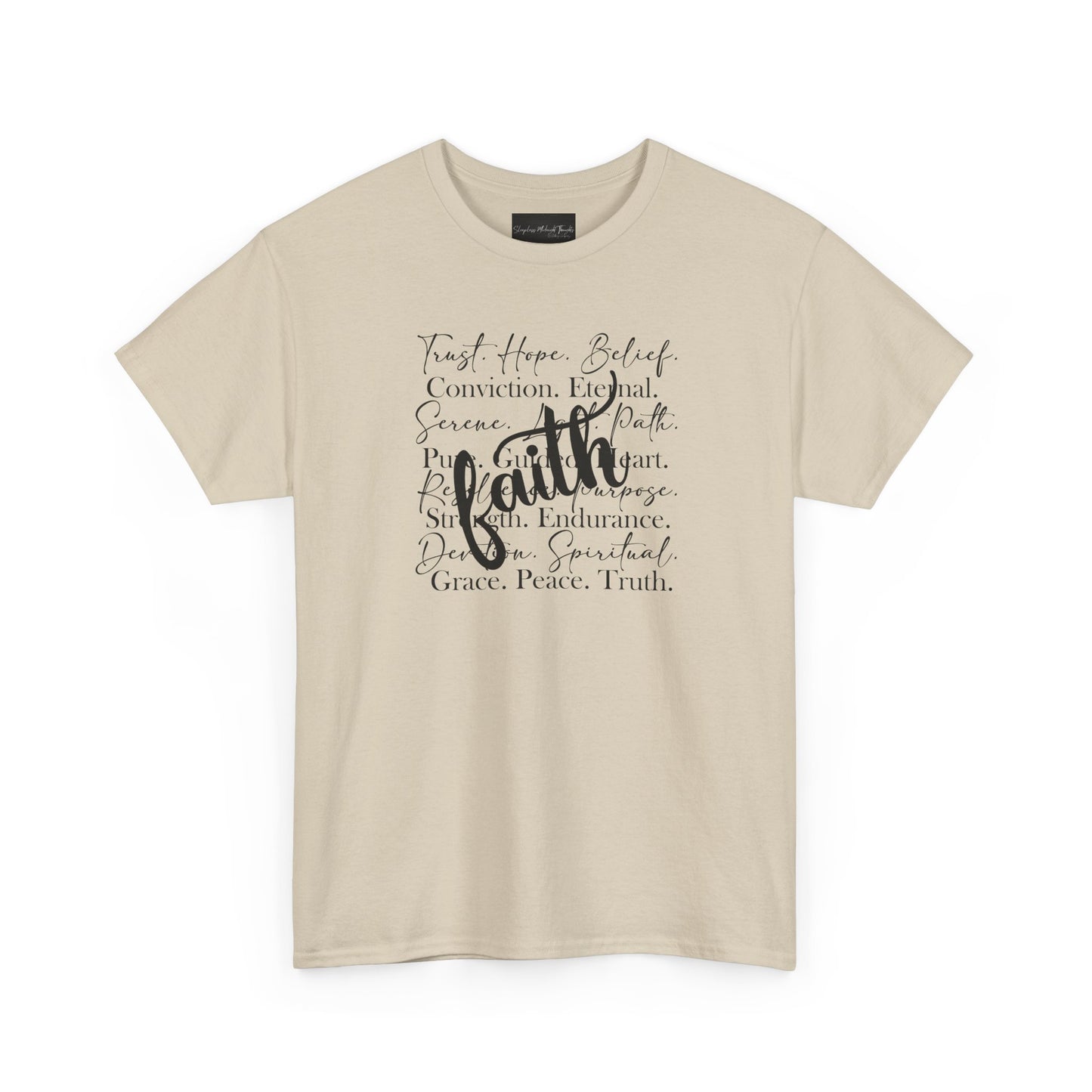 On the front of this custom Christian t-shirt are all the words that represent faith such as grace, conviction, endurance, purpose, trust, hope and many more, the word Faith is superimposed overtop.