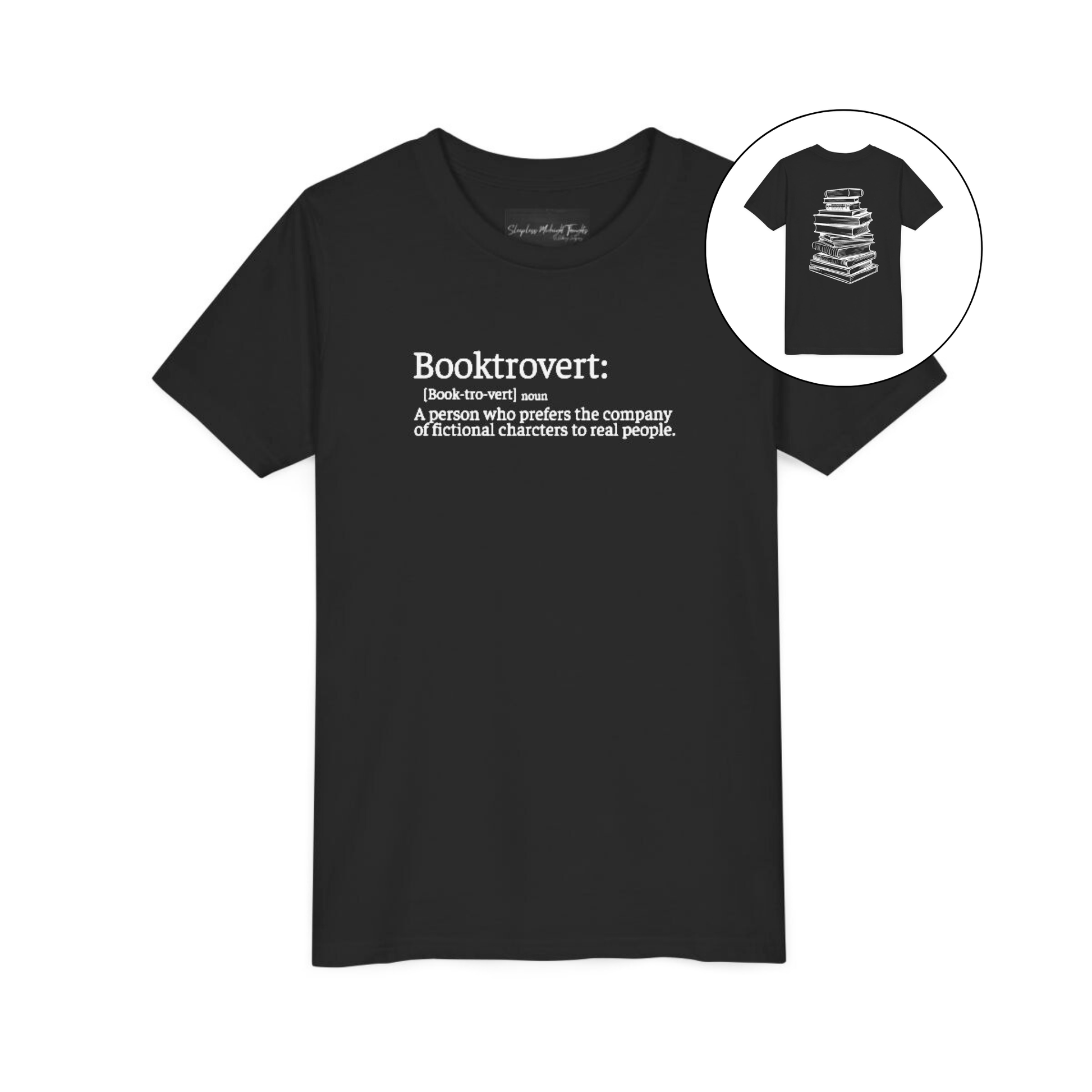 On the front of this custom youth t-shirt it says the word Booktrovert in large letter with the meaning of the words underneath it, on the back of the shirt is an image of a large stack of books.