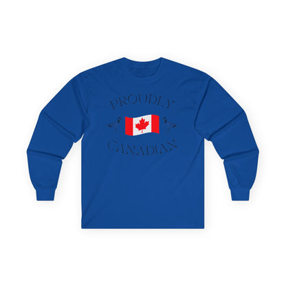 On the front of this Canadian made unisex custom long sleeve t-shirt are the words Proudly Canadian in large font with an image of a Canadian flag in the center, there are two Canadian geese on either side of the flag.