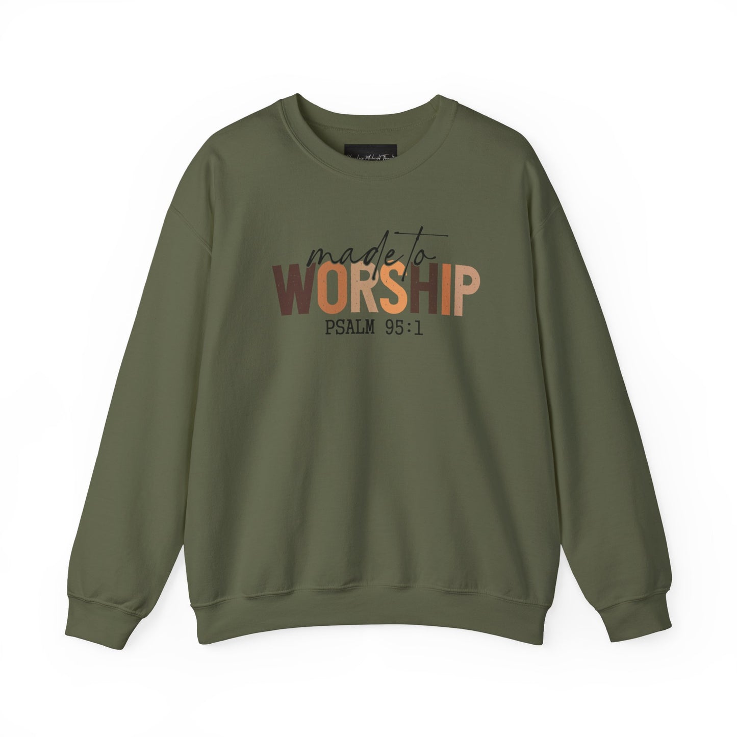 On the front of this Christian pullover sweatshirt it says Made To Worship Psalm 95:1, the word worship is done in large block letters with every letter being a different shade of brown.