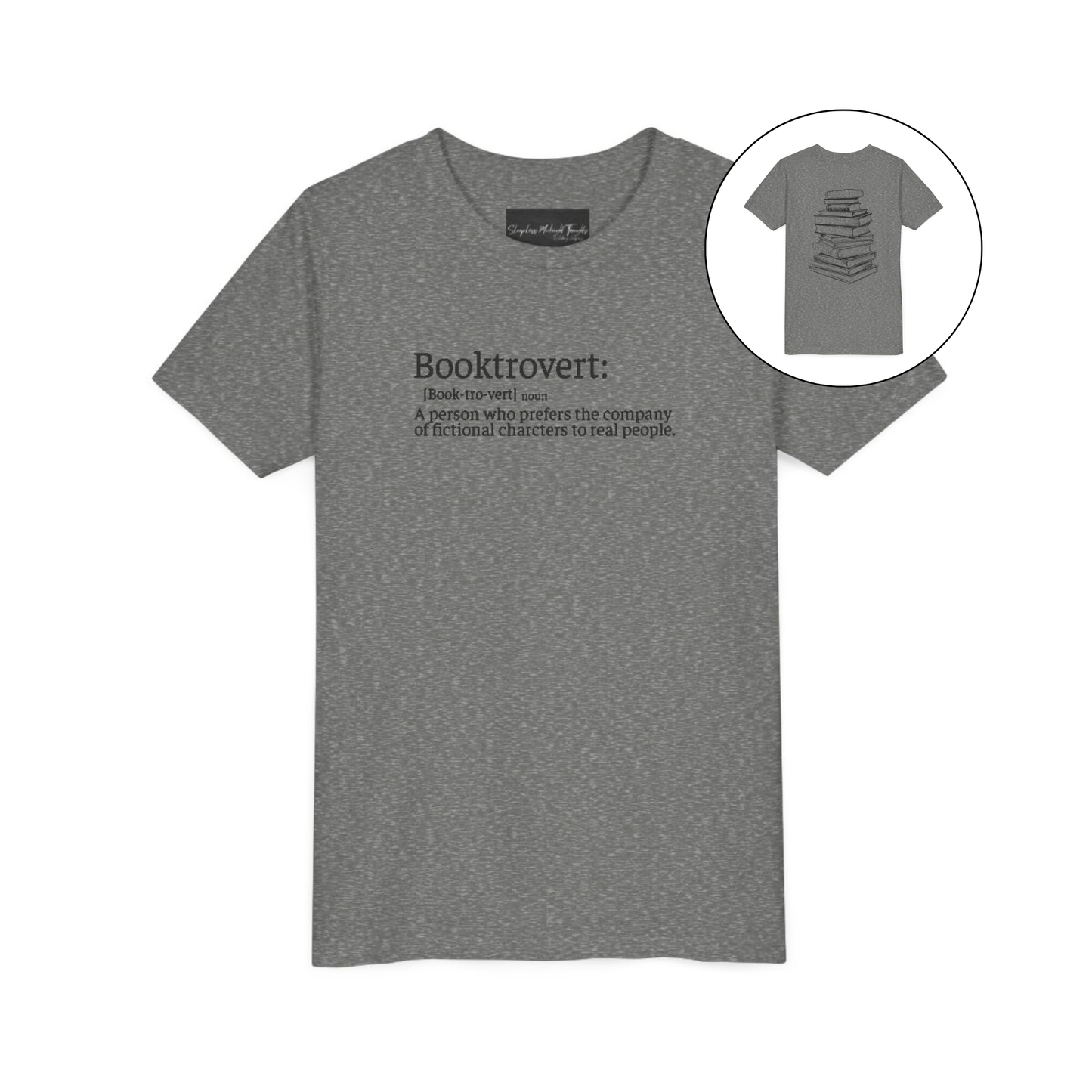 On the front of this custom youth t-shirt it says the word Booktrovert in large letter with the meaning of the words underneath it, on the back of the shirt is an image of a large stack of books.