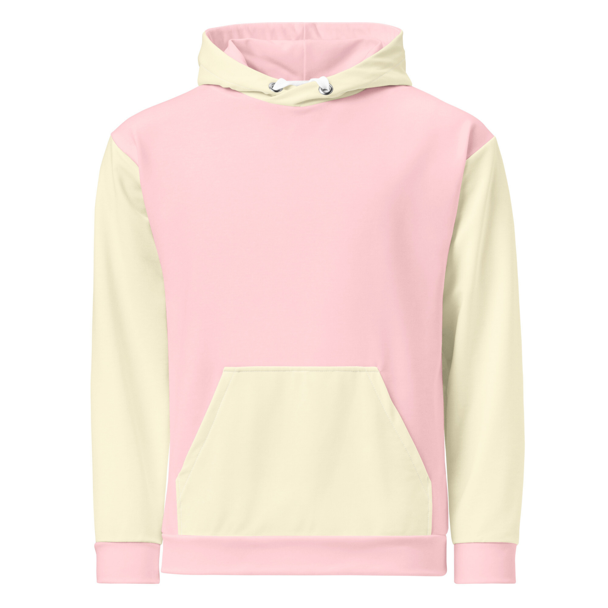 A custom women's color block hoodie with the front and the back of the hoodie being a light pastel pink, the front pocket, both sleeves and the hood are a light ivory in color.