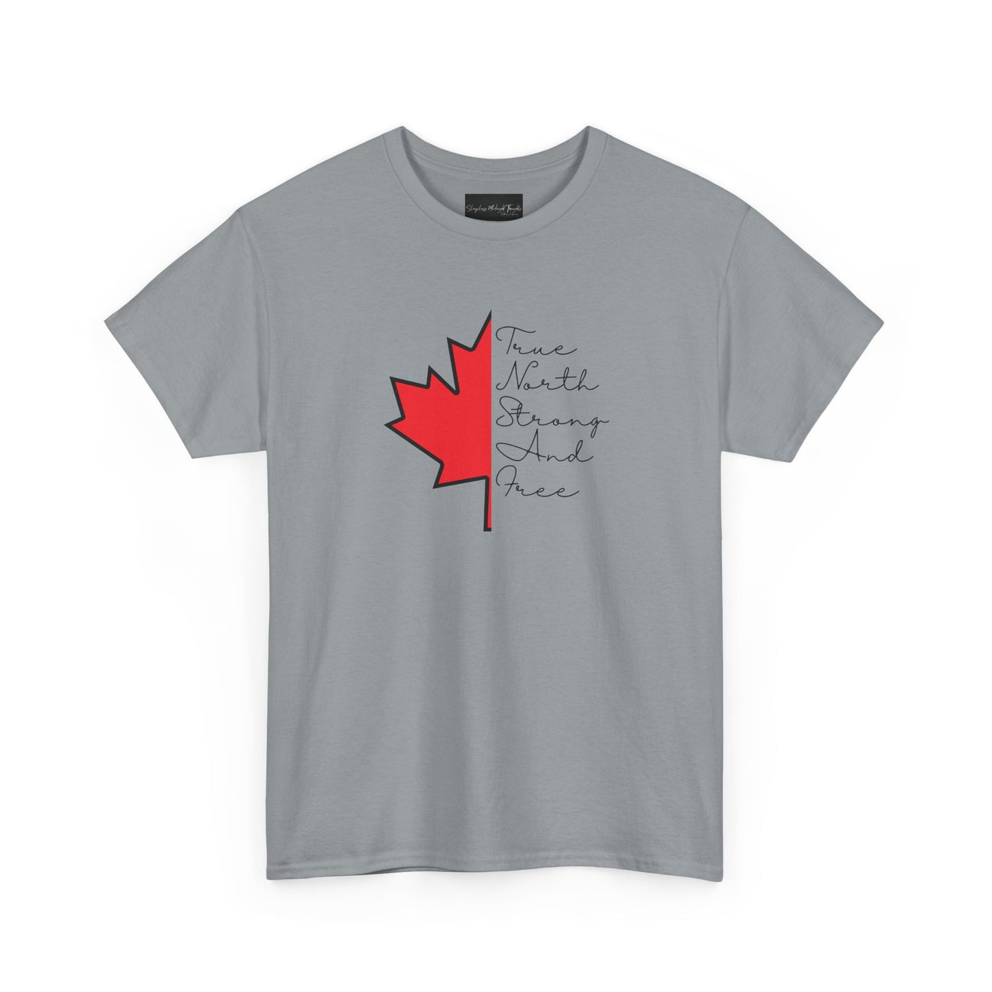 This custom handmade Canadian shirt comes with a maple leaf on the front center of the shirt, the words true north strong and free are in cursive on the other side of the maple leaf.