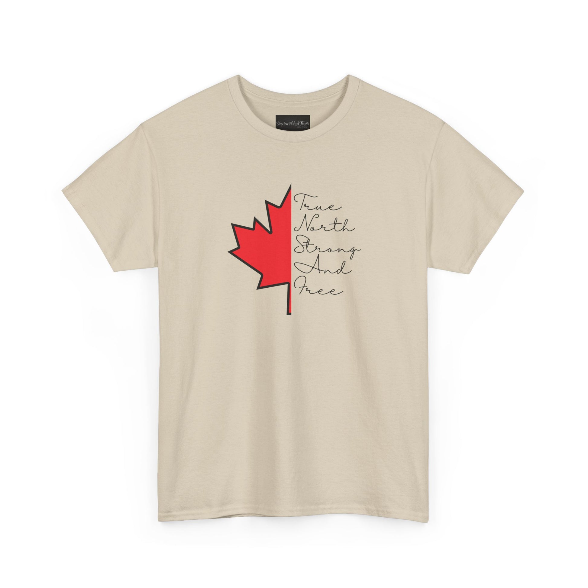 This custom handmade Canadian shirt comes with a maple leaf on the front center of the shirt, the words true north strong and free are in cursive on the other side of the maple leaf.