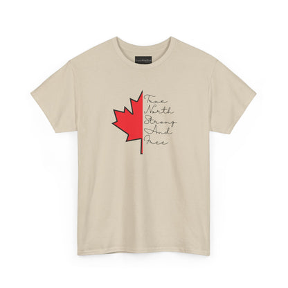 This custom handmade Canadian shirt comes with a maple leaf on the front center of the shirt, the words true north strong and free are in cursive on the other side of the maple leaf.