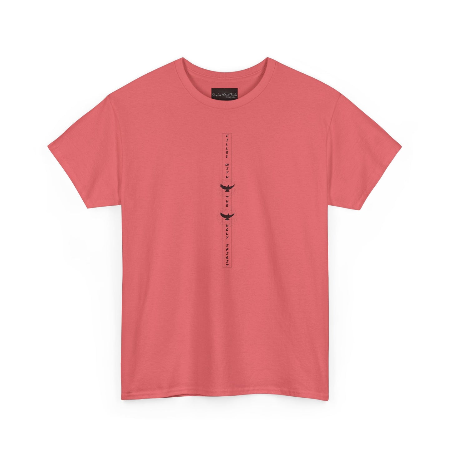 On the front of this custom unisex short sleeve shirt, starting from the neckline horizontally down are the words Filled with the Holy Spirit, there are two doves in-between the words.