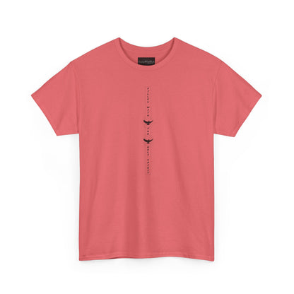On the front of this custom unisex short sleeve shirt, starting from the neckline horizontally down are the words Filled with the Holy Spirit, there are two doves in-between the words.