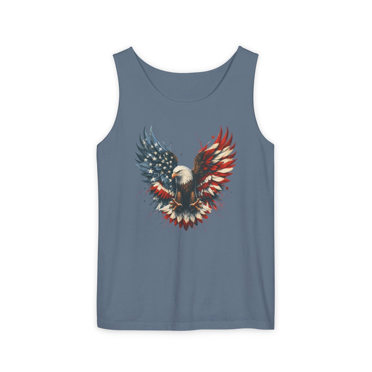 On the front of this unisex tank top is an image of an American Bald Eagle with it's wings out, the feathers of the bald eagle are the colors of the American flag being red, white and blue, there are also stars on one side of the eagle’s wings.
