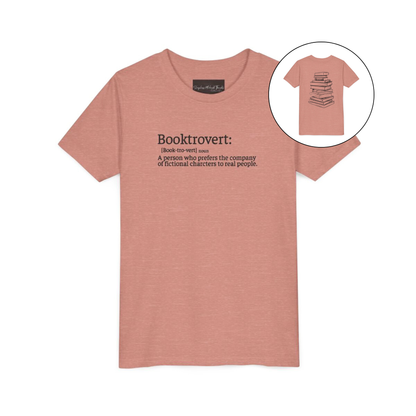 On the front of this custom youth t-shirt it says the word Booktrovert in large letter with the meaning of the words underneath it, on the back of the shirt is an image of a large stack of books.