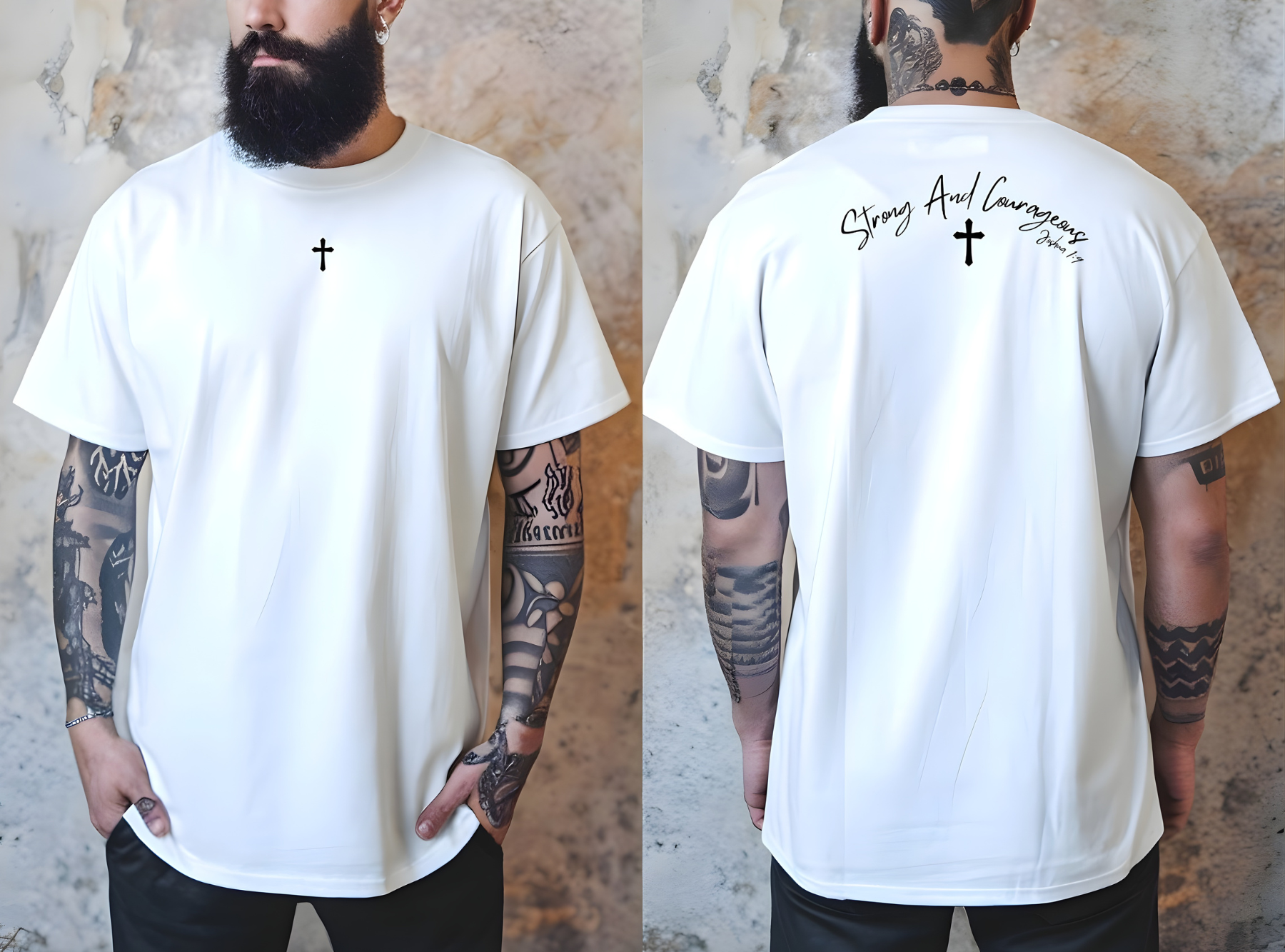 On the front center of this Christian shirt is a small Jesus cross, on the back of the is short sleeve tee is the scripture Strong and Courageous Joshua 1:9