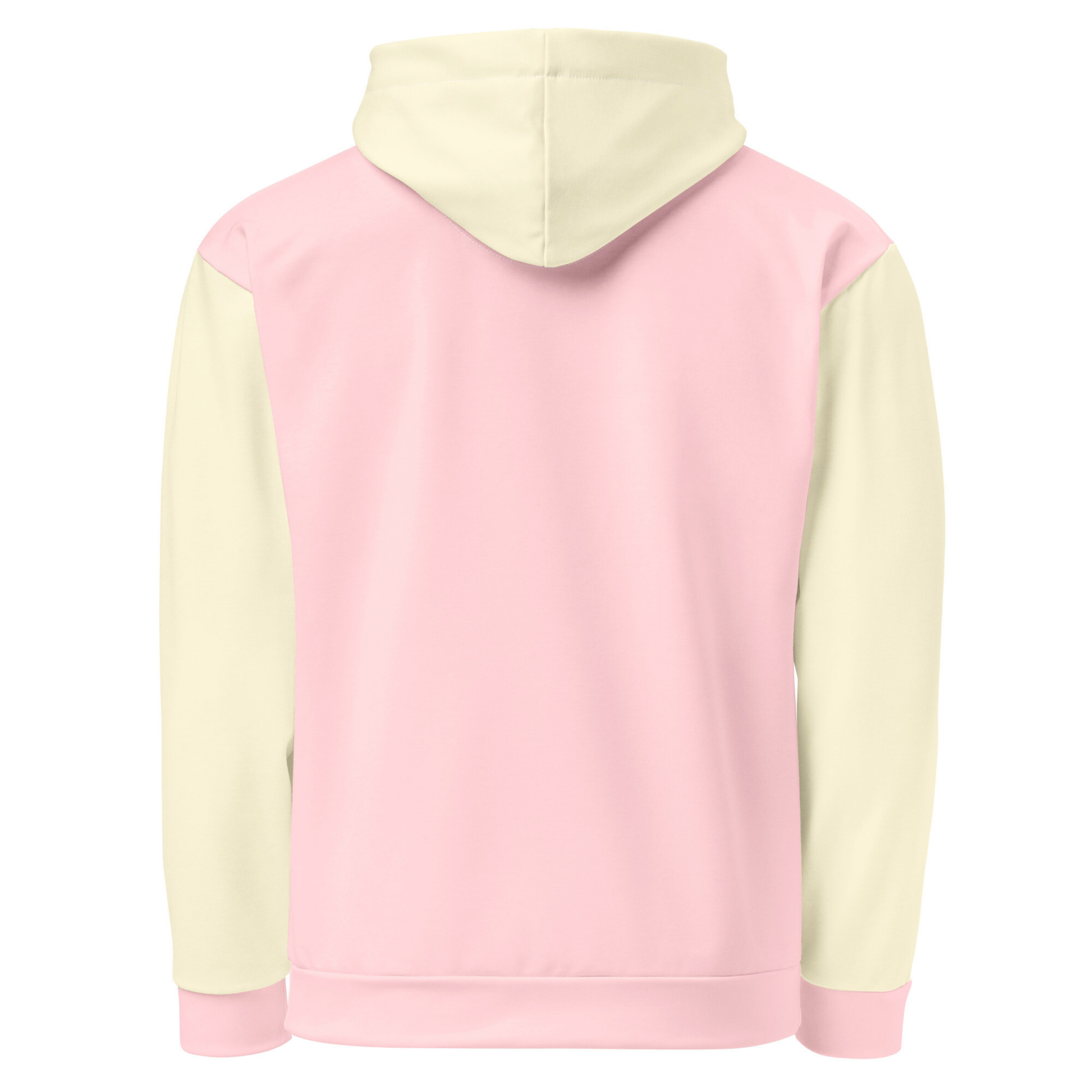 A custom women's color block hoodie with the front and the back of the hoodie being a light pastel pink, the front pocket, both sleeves and the hood are a light ivory in color.