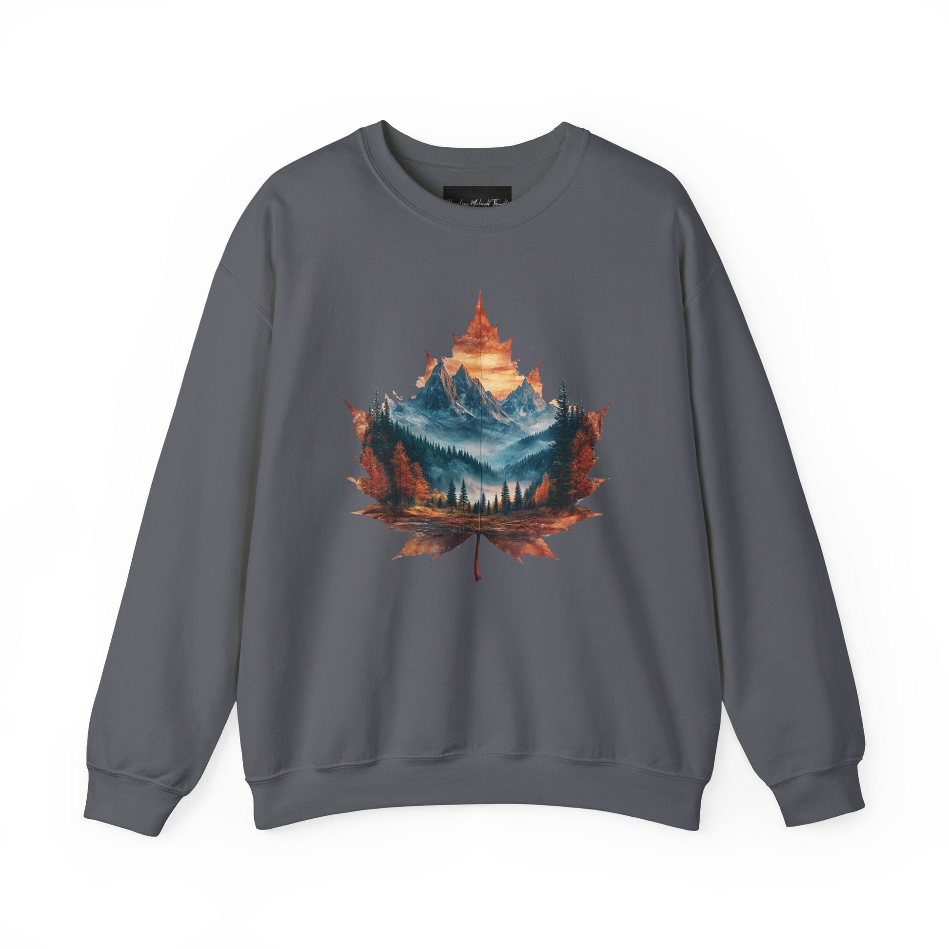 On the front of this Canadian pride sweatshirt is a large maple leaf with the inside of the leaf having a picture of the Rocky Mountains in the fall time.