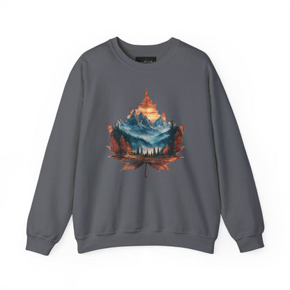 On the front of this Canadian pride sweatshirt is a large maple leaf with the inside of the leaf having a picture of the Rocky Mountains in the fall time.