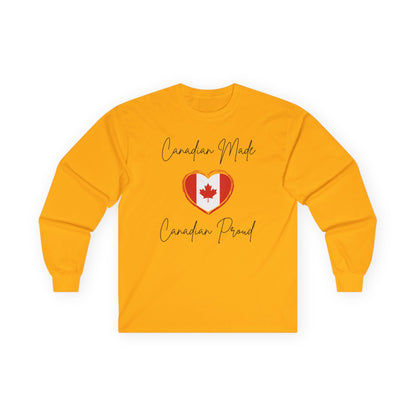 On the front of this custom Canadian patriotic long sleeve t-shirt are the words Canadian Made Canadian Proud in a beautiful cursive font, there is a Canadian flag in the middle that is in the shape of a heart.