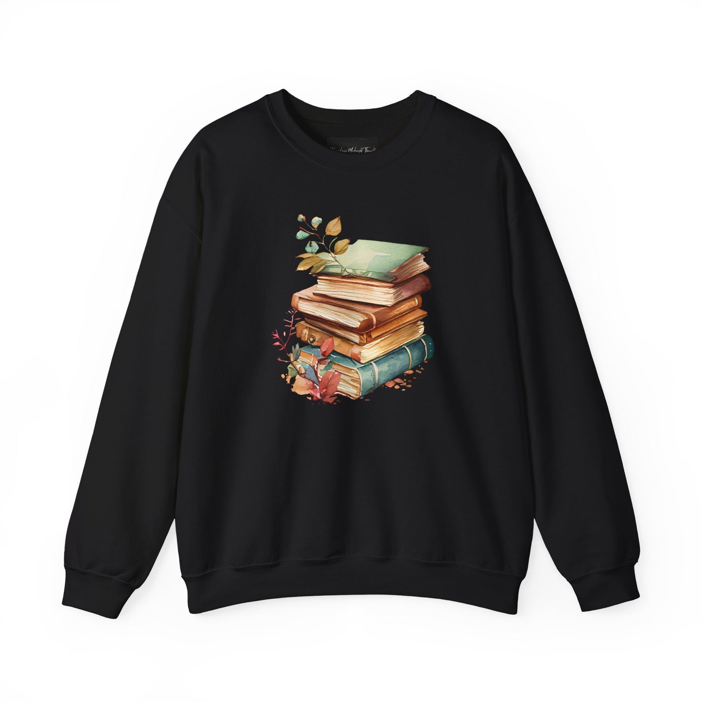 On the front of this custom book lovers sweatshirt is a stack of vintage books with a bunch of wildflowers all around the books.