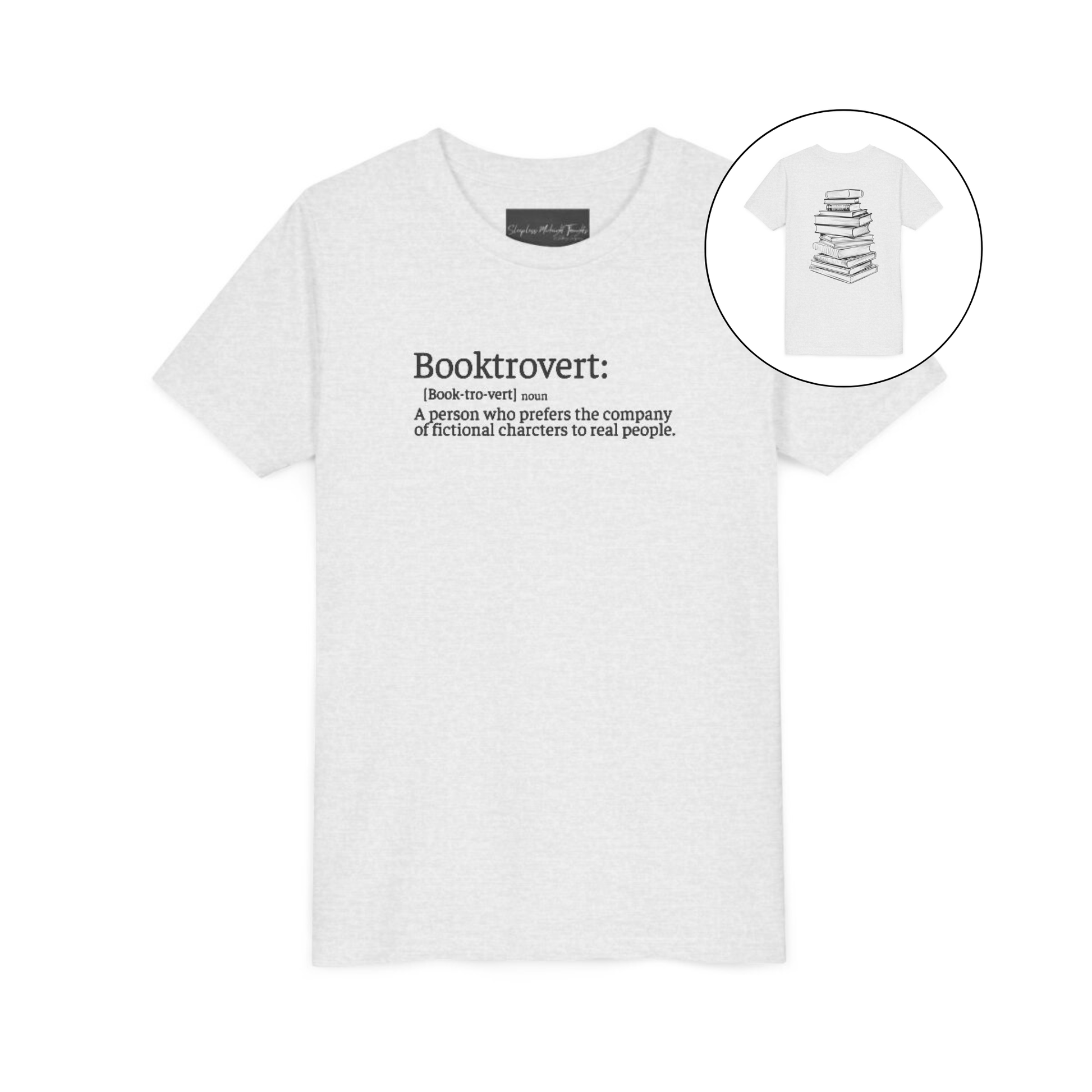 On the front of this custom youth t-shirt it says the word Booktrovert in large letter with the meaning of the words underneath it, on the back of the shirt is an image of a large stack of books.