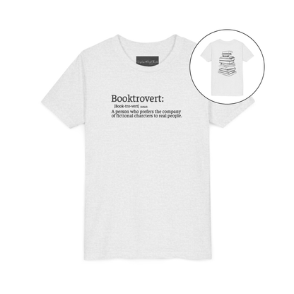 On the front of this custom youth t-shirt it says the word Booktrovert in large letter with the meaning of the words underneath it, on the back of the shirt is an image of a large stack of books.