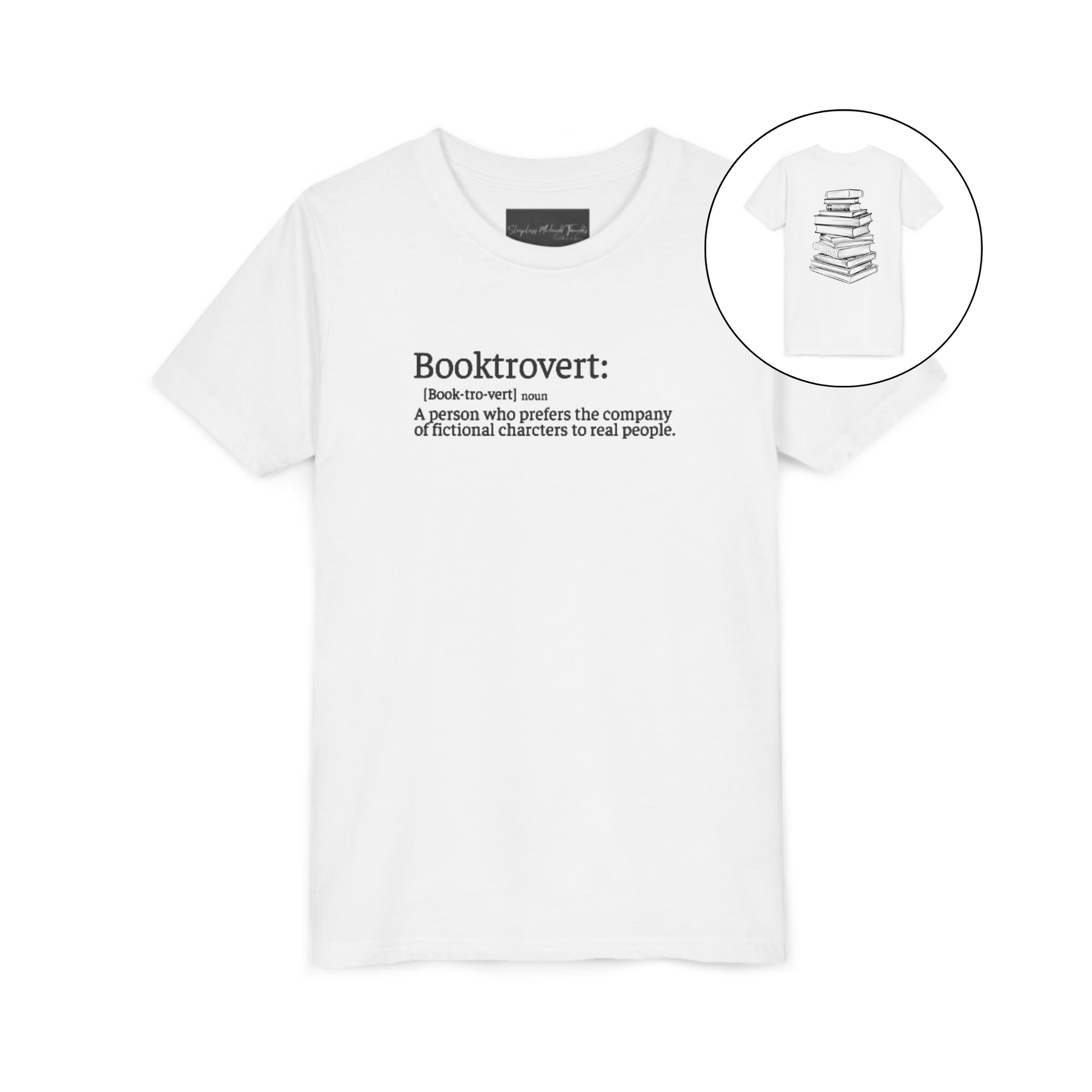 On the front of this custom youth t-shirt it says the word Booktrovert in large letter with the meaning of the words underneath it, on the back of the shirt is an image of a large stack of books.
