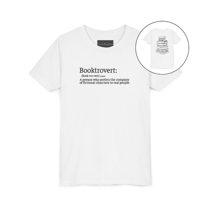 On the front of this custom youth t-shirt it says the word Booktrovert in large letter with the meaning of the words underneath it, on the back of the shirt is an image of a large stack of books.