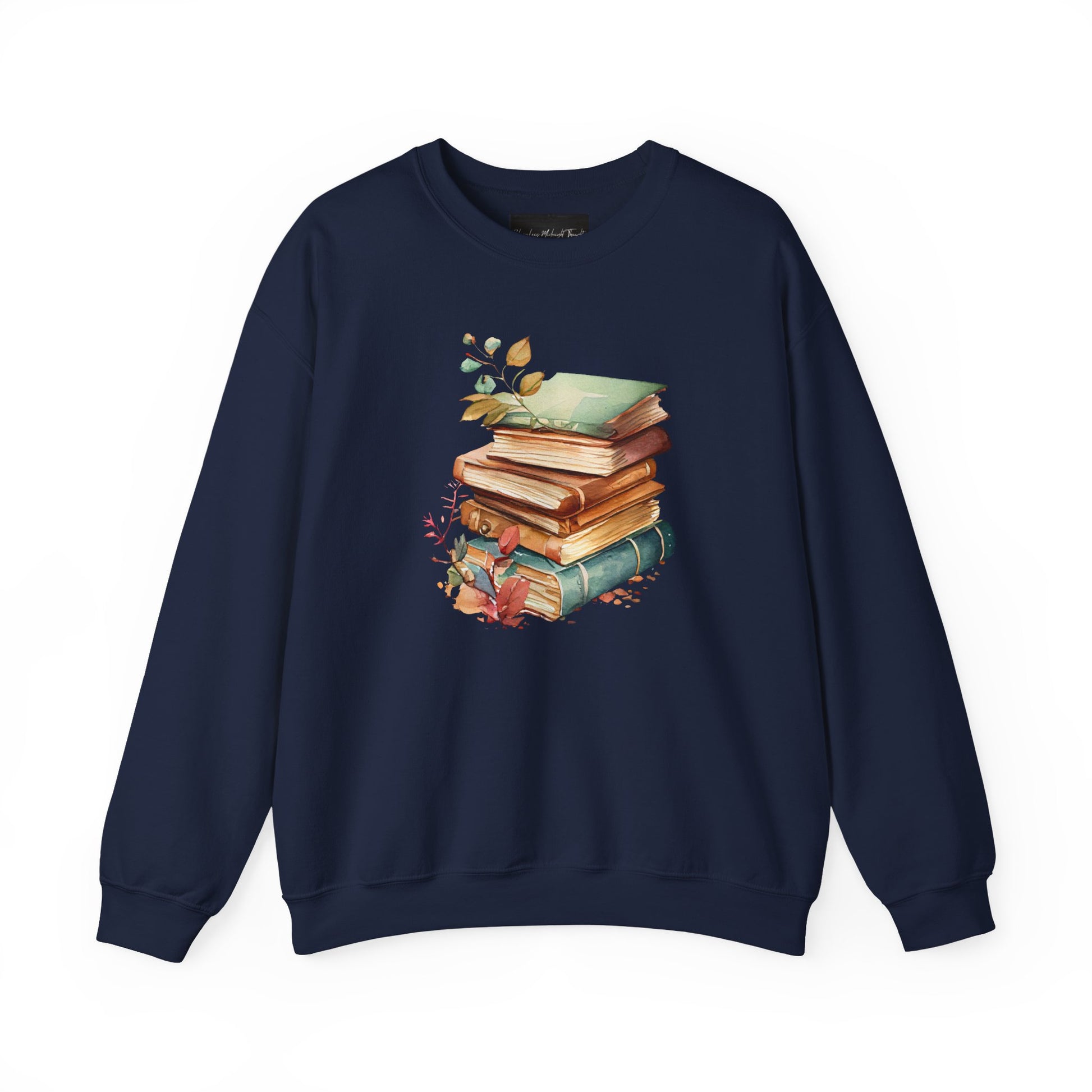 On the front of this custom book lovers sweatshirt is a stack of vintage books with a bunch of wildflowers all around the books.