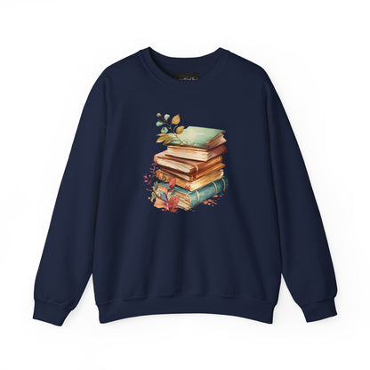 On the front of this custom book lovers sweatshirt is a stack of vintage books with a bunch of wildflowers all around the books.