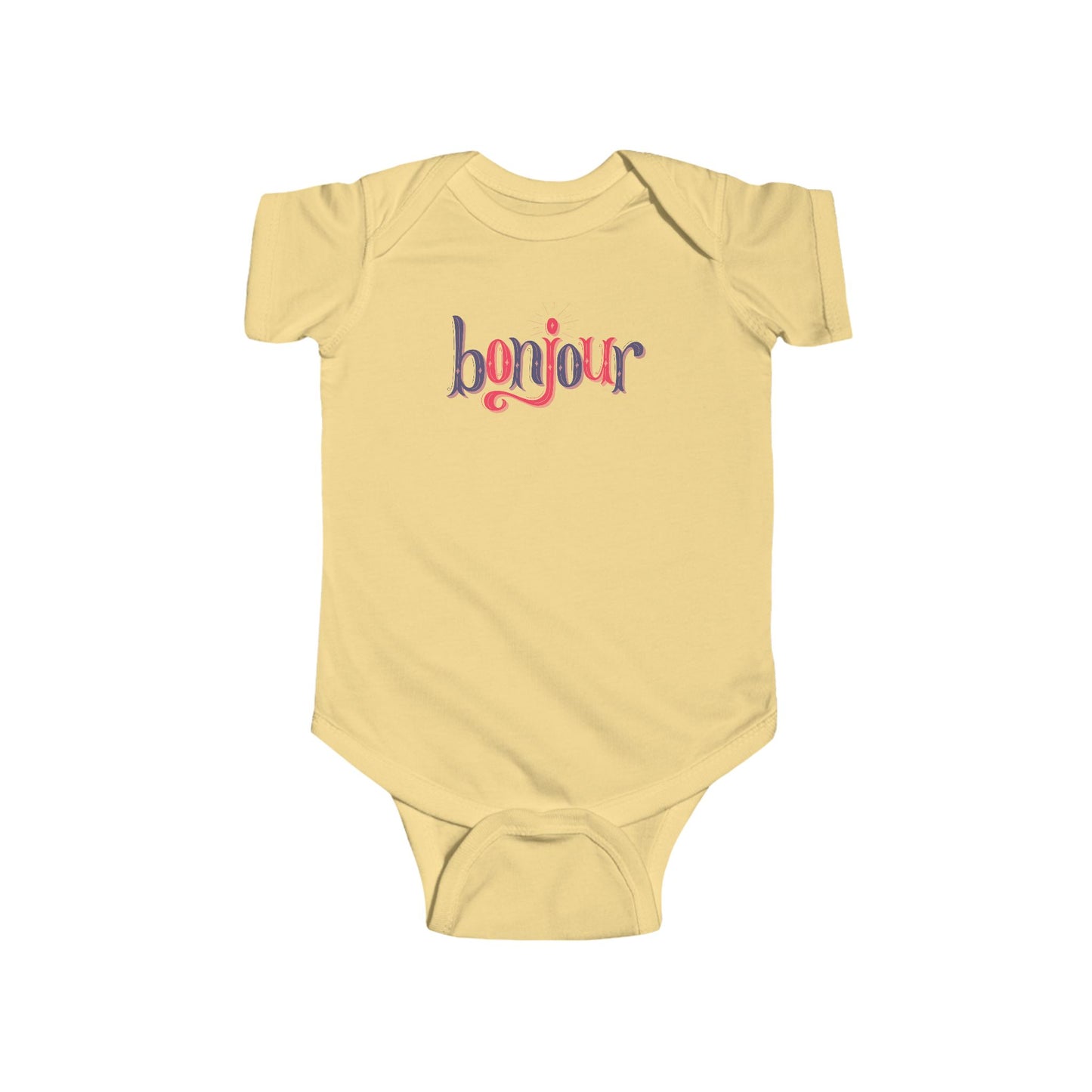 A custom infant onesie that has shirt sleeves and three buttons on the bottom, across the front of this custom baby bodysuit is the word bonjour in blue and red writing.