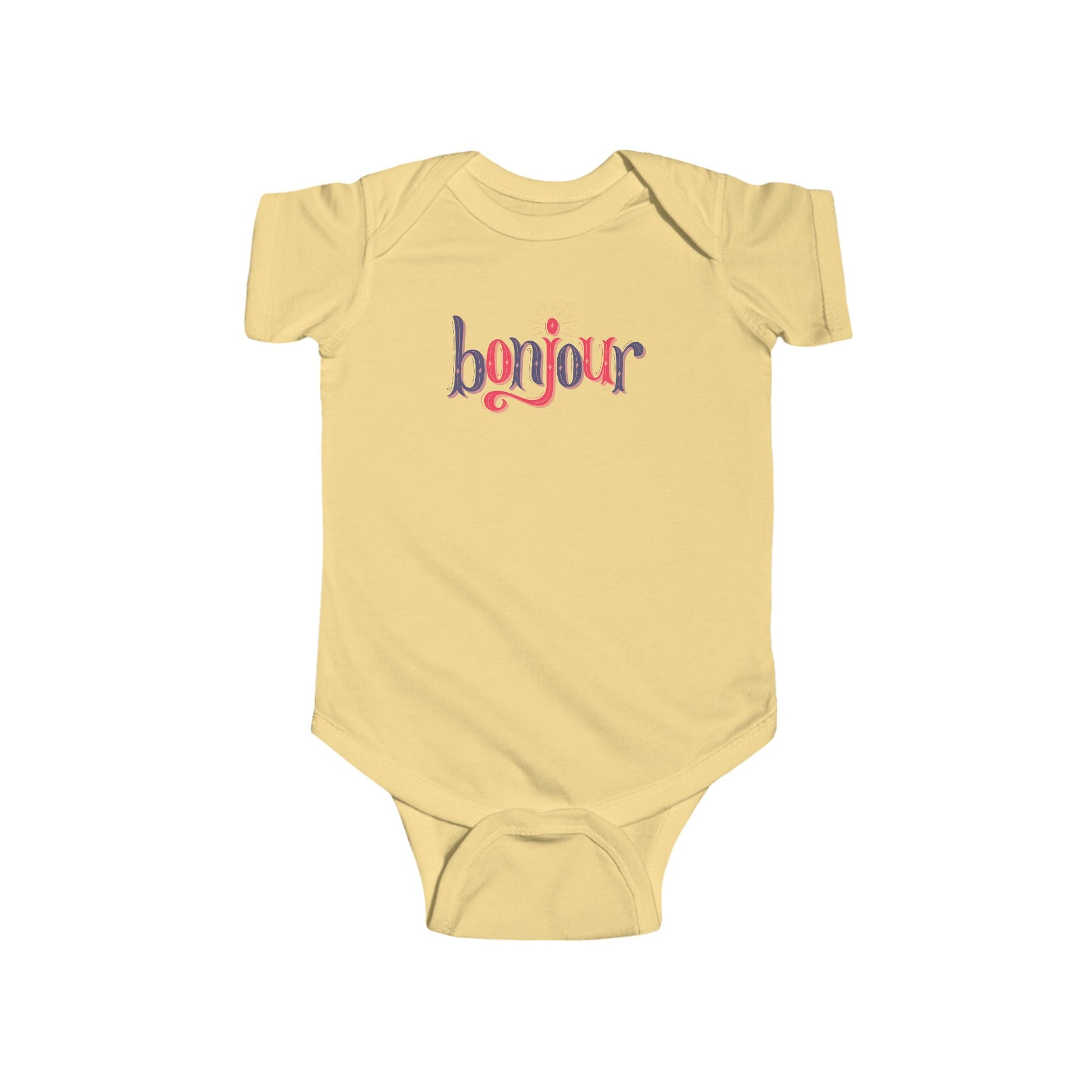 A custom infant onesie that has shirt sleeves and three buttons on the bottom, across the front of this custom baby bodysuit is the word bonjour in blue and red writing.