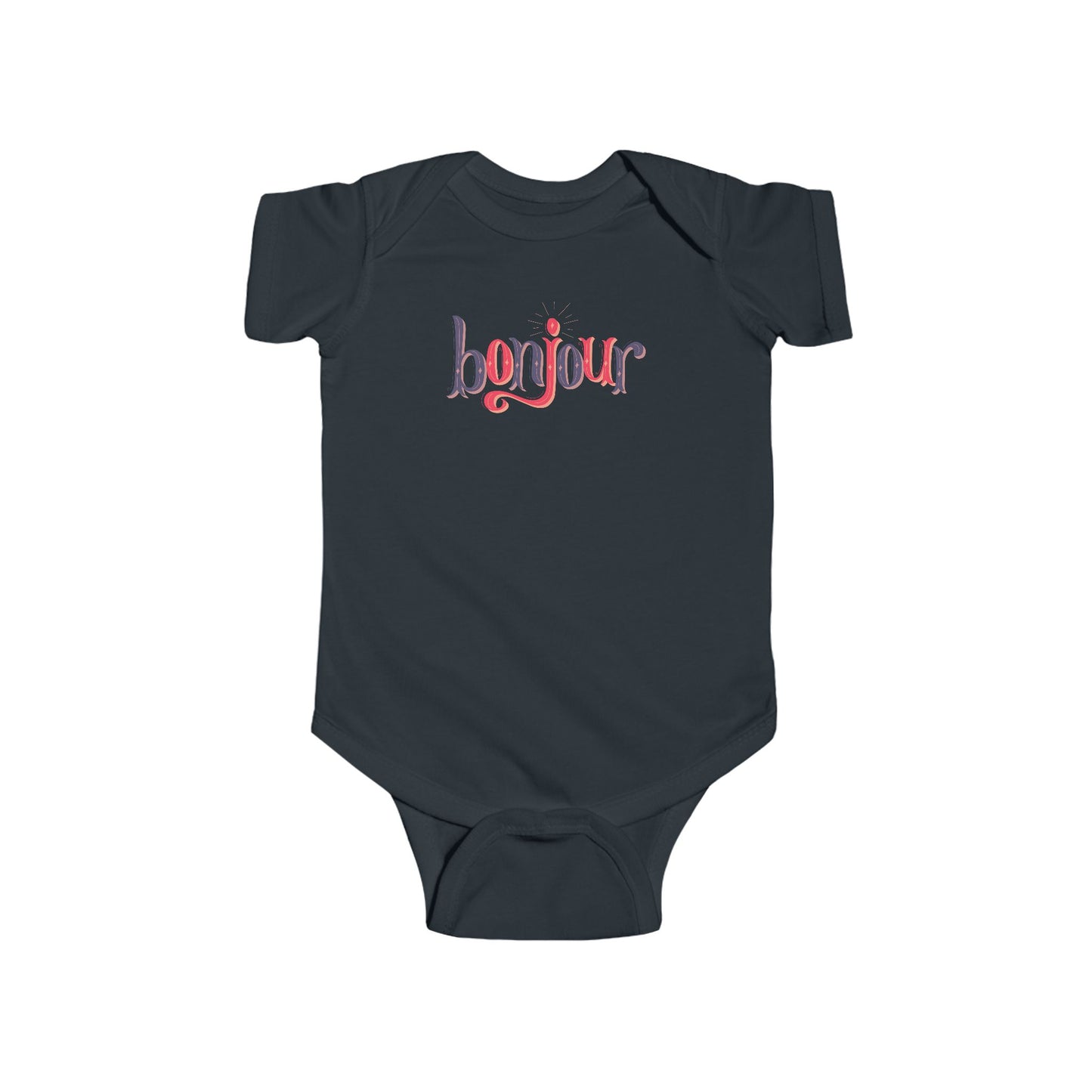 A custom infant onesie that has shirt sleeves and three buttons on the bottom, across the front of this custom baby bodysuit is the word bonjour in blue and red writing.