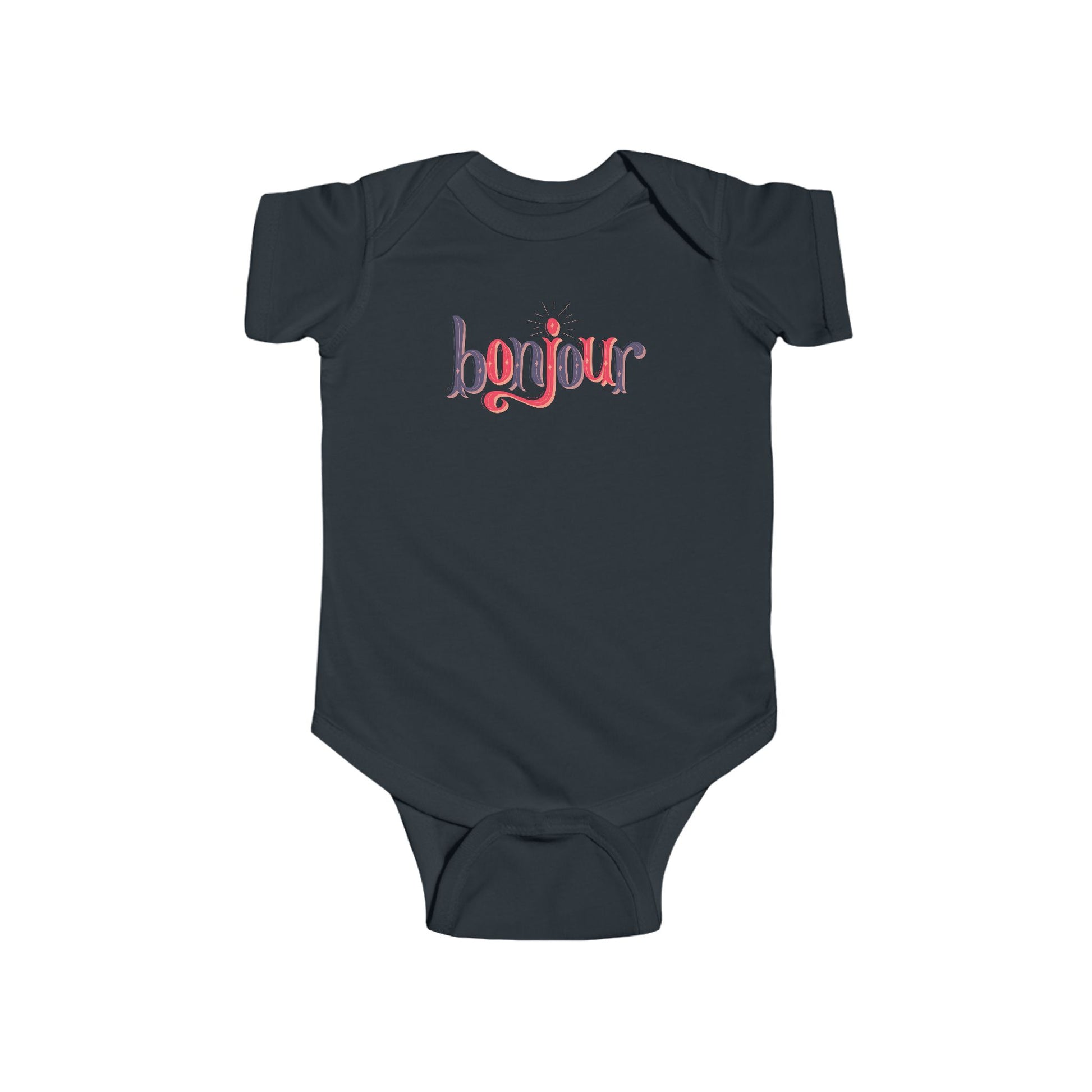 A custom infant onesie that has shirt sleeves and three buttons on the bottom, across the front of this custom baby bodysuit is the word bonjour in blue and red writing.