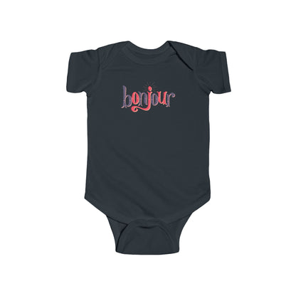 A custom infant onesie that has shirt sleeves and three buttons on the bottom, across the front of this custom baby bodysuit is the word bonjour in blue and red writing.