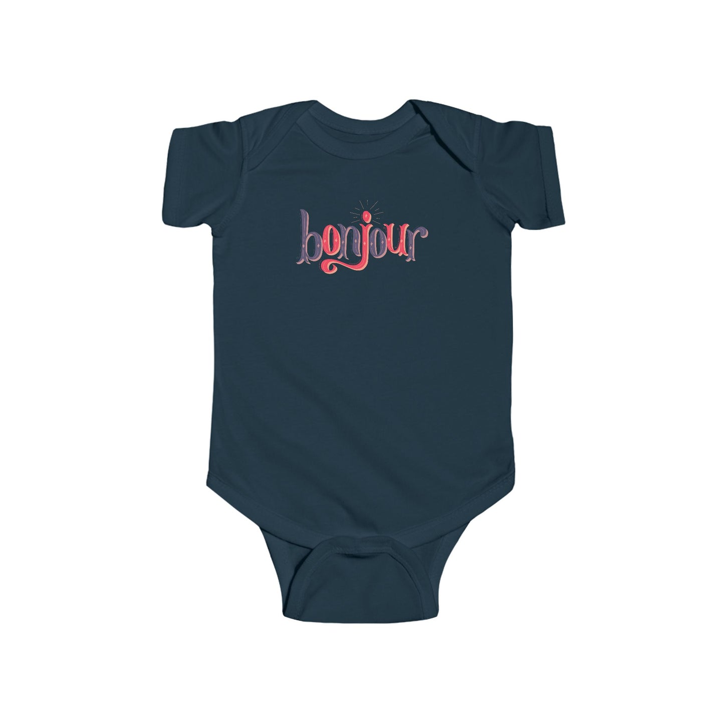 A custom infant onesie that has shirt sleeves and three buttons on the bottom, across the front of this custom baby bodysuit is the word bonjour in blue and red writing.