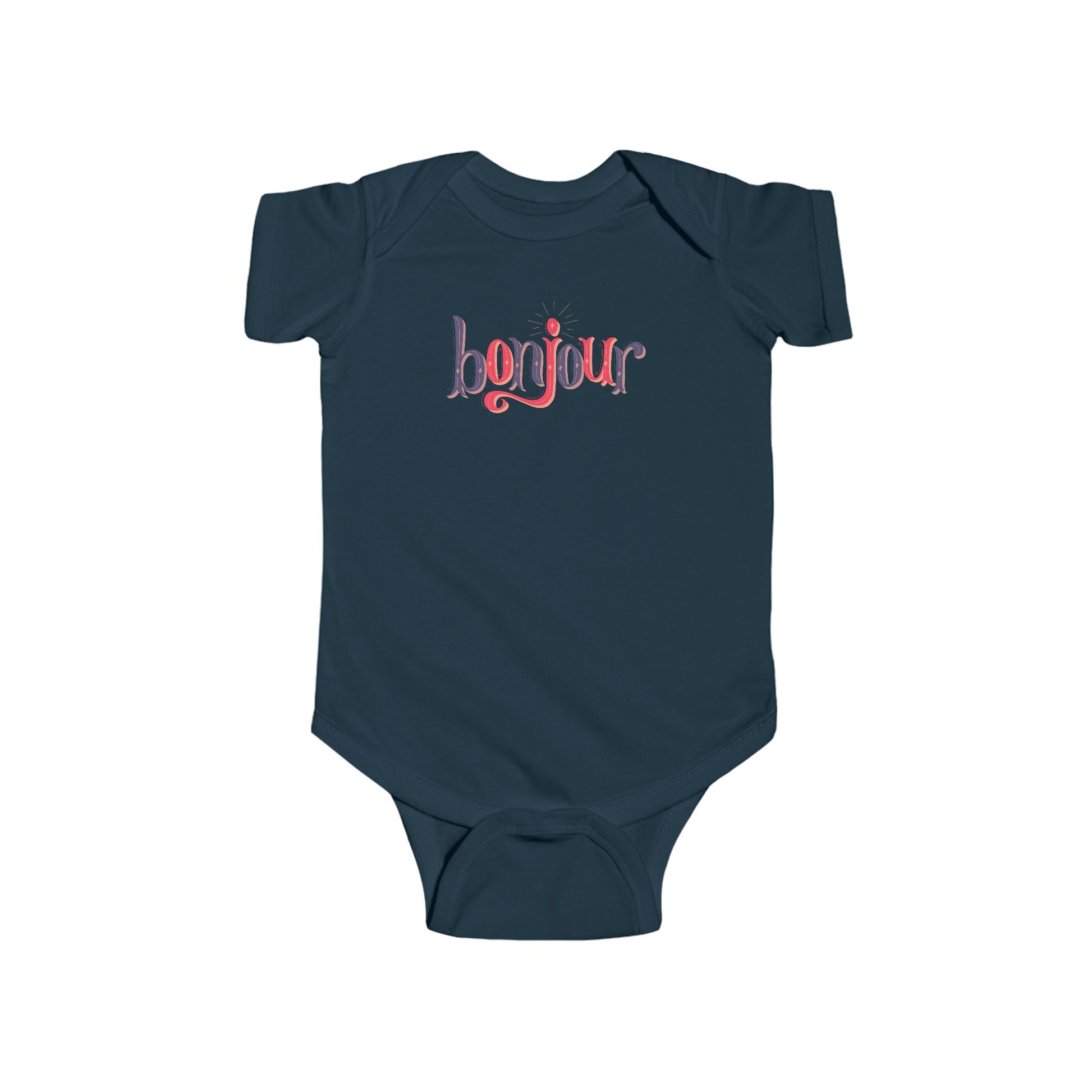A custom infant onesie that has shirt sleeves and three buttons on the bottom, across the front of this custom baby bodysuit is the word bonjour in blue and red writing.