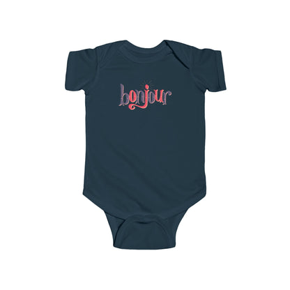 A custom infant onesie that has shirt sleeves and three buttons on the bottom, across the front of this custom baby bodysuit is the word bonjour in blue and red writing.