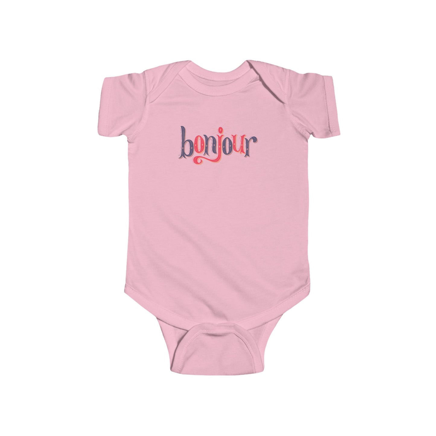 A custom infant onesie that has shirt sleeves and three buttons on the bottom, across the front of this custom baby bodysuit is the word bonjour in blue and red writing.