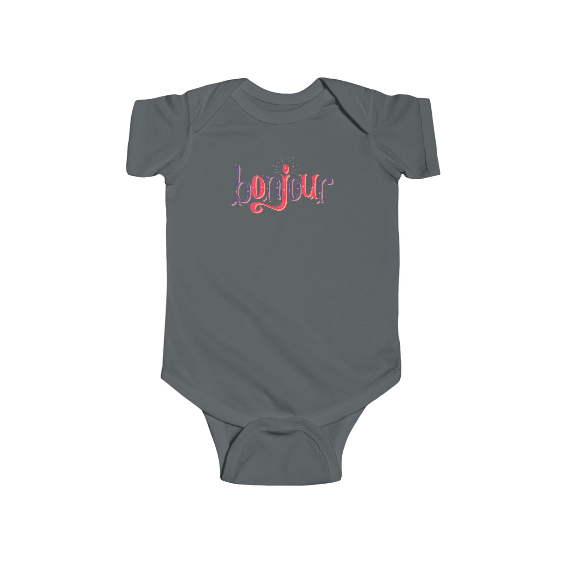A custom infant onesie that has shirt sleeves and three buttons on the bottom, across the front of this custom baby bodysuit is the word bonjour in blue and red writing.